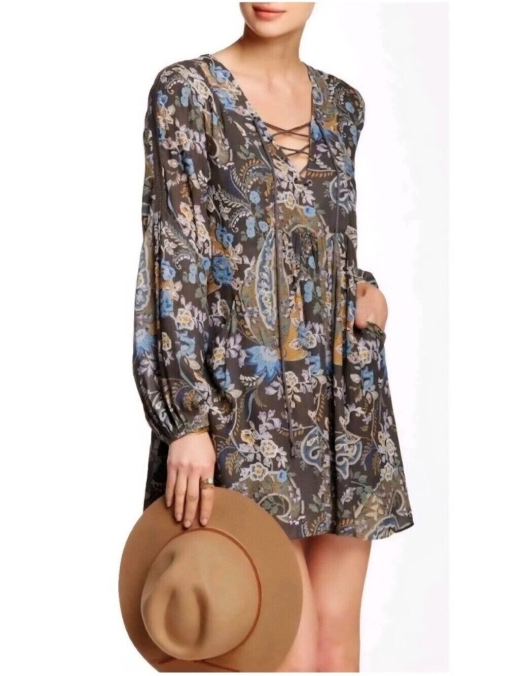 Free People Rain or Shine Paisley Lace Up Dress Size Small